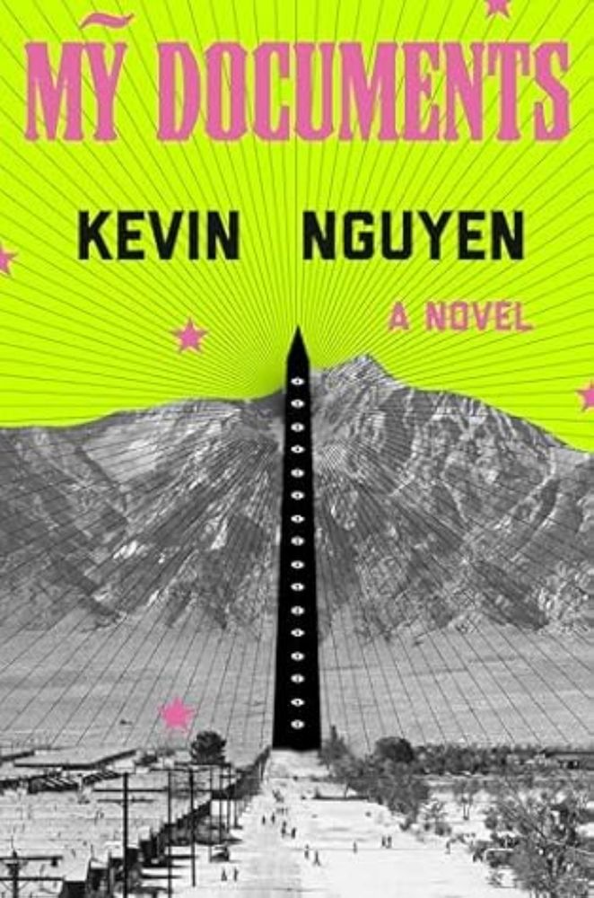 Cover of Mỹ Documents a novel by Kevin Nguyen. Background is black and white on the bottom with a black oblast as the focal point. The top part of the background is bright green. 