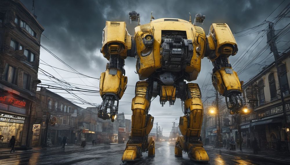 Giant yellow robot walking down an old town street
