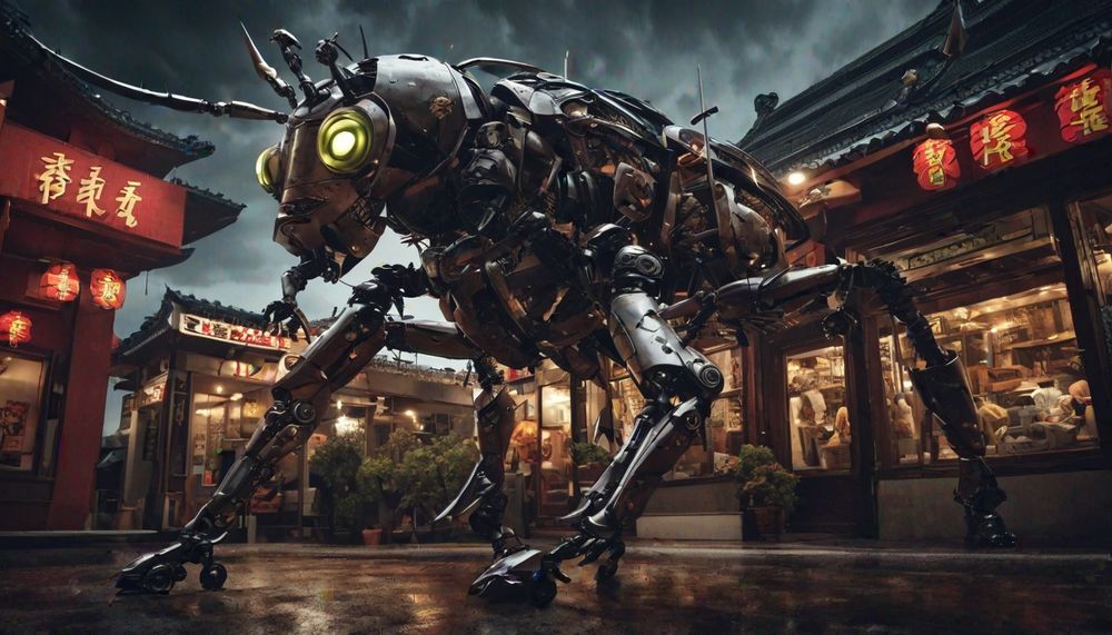 Giant insect inspired robot outside of several small restaurants at night with Chinese language signage