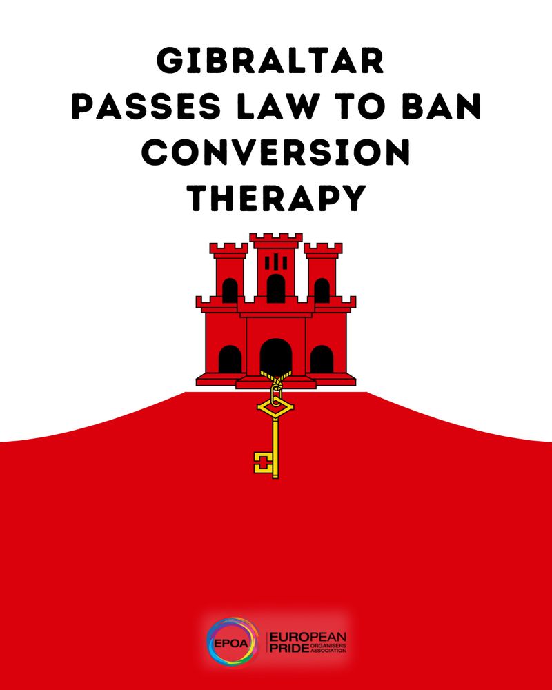 A graphic poster announcing "Gibraltar Passes Law to Ban Conversion Therapy" with an illustration of a stylized red castle, representing the Moorish Castle of Gibraltar, and the logo of EPOA at the bottom.