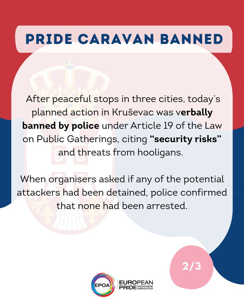 Image with a wavy version of the Serbian flag in the background. Text of the post is shown in three parts in the images. The logo of EPOA is shown at the bottom. 