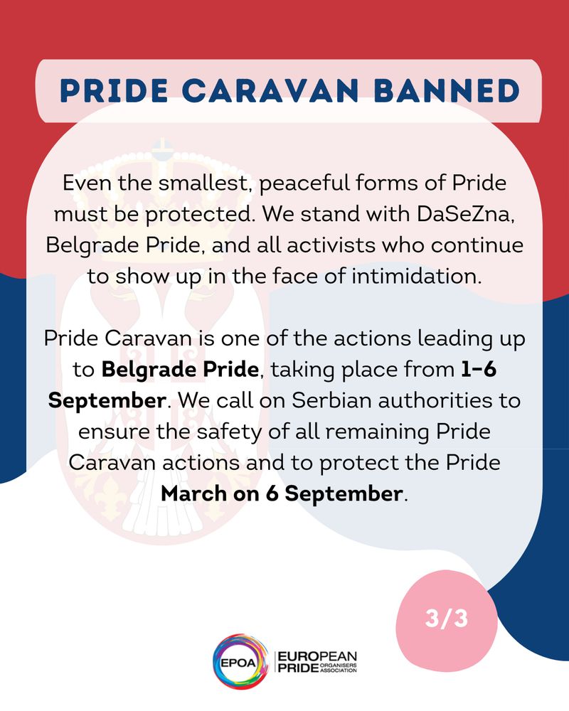 Image with a wavy version of the Serbian flag in the background. Text of the post is shown in three parts in the images. The logo of EPOA is shown at the bottom. 