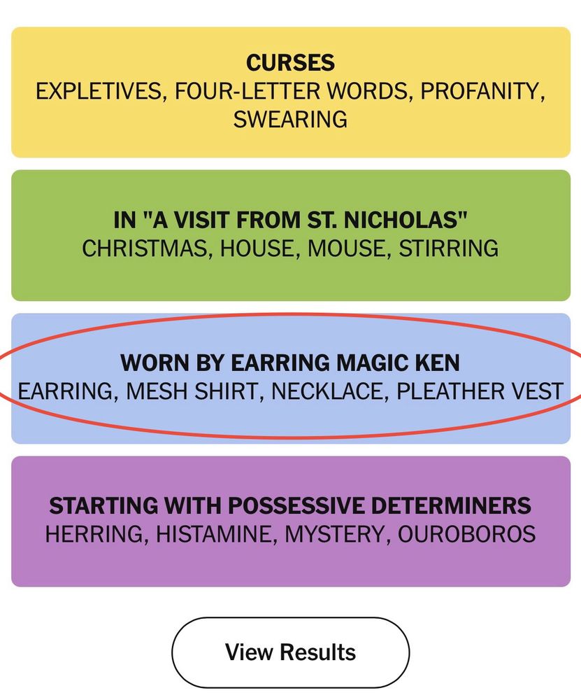 Results of 9/2/25 Connections puzzle with the blue category, “Worn By Magic Earring Ken” (earring, mesh shirt, necklace, pleather vest), circled.