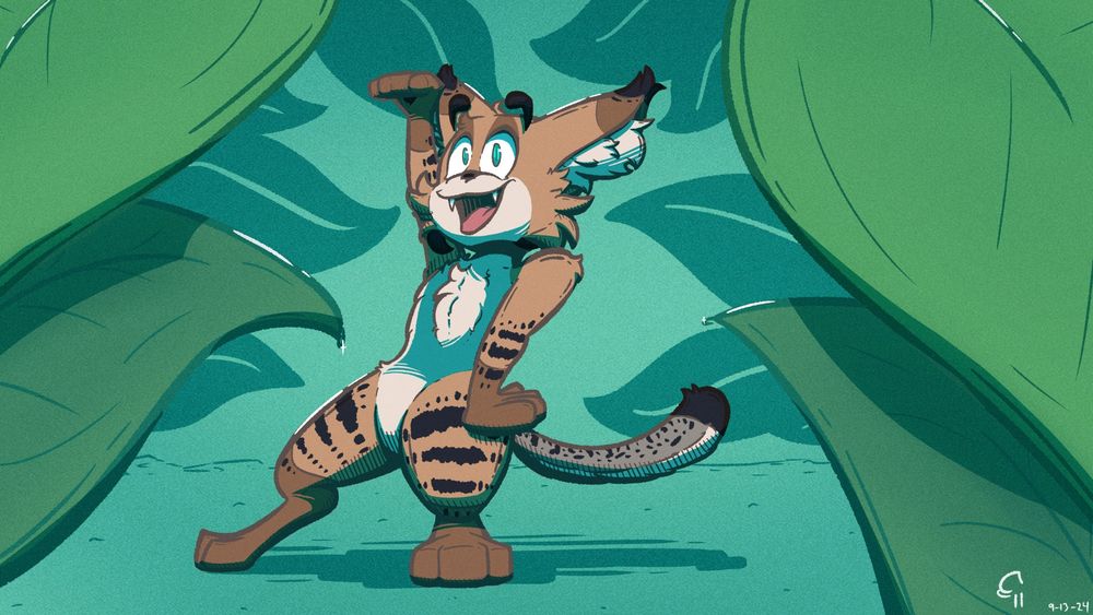 This is the fursona of BashButterBean. They are a bobcat/ snow leopard mix with natural colors, and green-blue (teal) eyes. Teal is they're aesthetic, so the background consists of the color itself, with green and blue leaves to the side of the character. The characters themselves has the look of a bobcat, but with a snow leopard tail, and characteristic spots near the extremities. My (the artist) art style is very cartoonish and changes variably depending on what suits my needs, and I drew this character almost like a small pudgy cat standing on its hind legs. The pose of the character is one that I vaguely remember from the movie Lilo and Stitch, where the two are dancing, and they strike this pose. The body faces to the left of the camera, the character leans back slightly while they stick their right leg to the left of the screen, and their left leg towards the camera. Their right arms sticks up and their hand angles forward as if to measure someone's height, while the left arm follows the tilt of the body - moving their left should close to their head, and angling their left hand similarly to their right. The head still faces left of center but the eyes look towards the camera, as they give an open-mouth smile with two sabered teeth visible beneath the upper lip. The character has thick black eyebrows, and for creative purposes I decided to make them slightly lift off above the head of Bash's character, although that's a decision I make as an artist when I draw a character, and not a decision made by BashButterBean, whose art style differs from mine. The picture is given a slightly grainy texture because I've seen some friends of mine use it in their art, and I wanted to do the same. These sorts of descriptions aren't going to be common in many of the post that I decide to make, but they will be added if, for one, I feel like it, and two, a request is made by the commissioner or reader to lay out a detailed description of the art in question. I hope this helps.