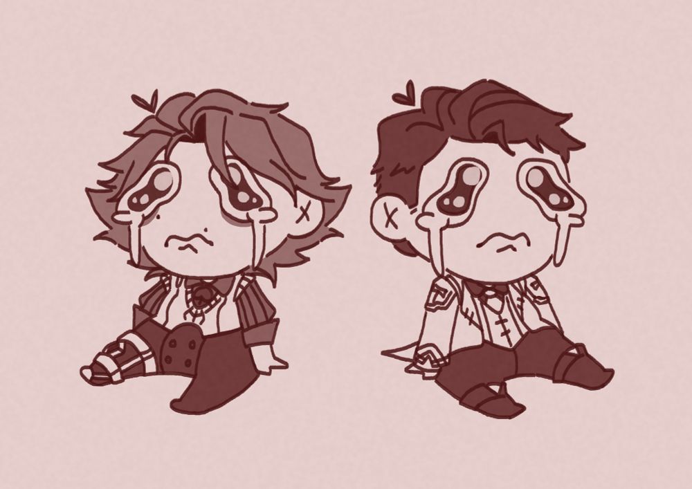 Tiny season 1 Jayce and Viktor. Big sad eyes and tears rolling down their face, pouting, while they sit in defeat. 
Small and Squishy they are. 