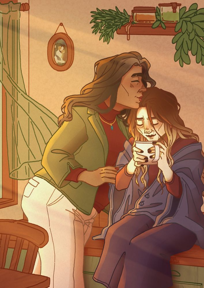 Fem Jayce and Viktoria.

Viktoria sits on the green kitchen counter, long purple skirt and reddish brown long sleeve tee underneath the blue cardigan blanket she has wrapped herself in.
Her hair is long, falling over her shoulders as it turns to the greyish blonde growing underneath the brown. She holds a morning drink, in her hands. A calm smile and eyes closed showing her content as Jayce leans down to kiss her head.

Jayce leans over to Viktoria. One hand holder her up behind vik, the other gently touch viks arm. She places a soft kiss to viks head.
She wears a green blazer over a red turtleneck and white pants, clean and professional for her job as a professor and the local uni. Her hair is let lose down her back, grey streaks starting to show from her forehead. She wears a gold necklace wiht the blue gem stone.

The shear green curtain blows indicating an open window. A shelf wiht hearbs in jars and fresh. There is a small circle frame wiht a picture of the two in it. 