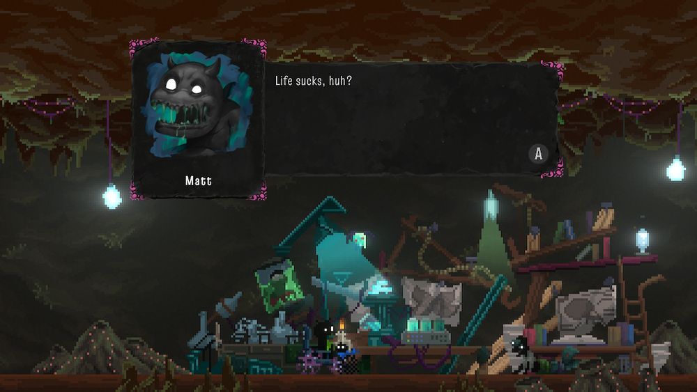 A videogame screenshot showing a three shadowy black creatures having a conversation next to a makeship lab bench. One of the characters (named Matt) remarks: "Life sucks, huh?"