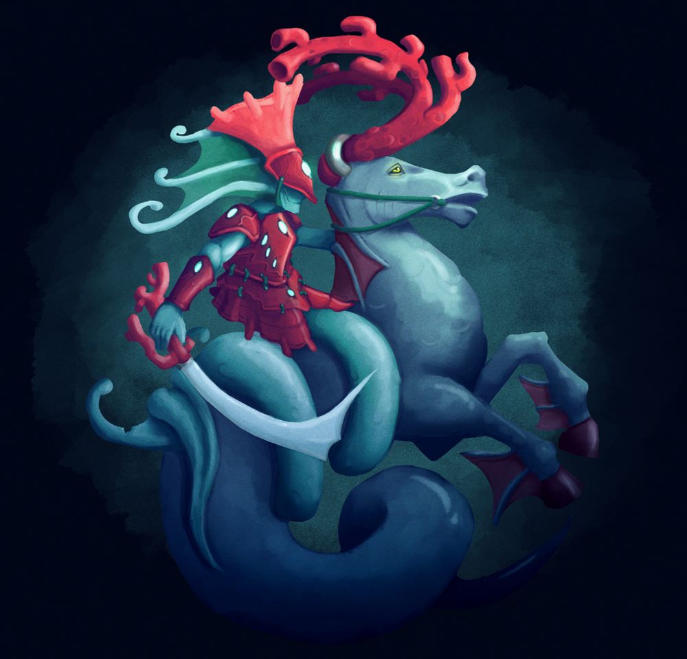 A mermaid Knight wearing bright red armor and holding a coral saber. They are riding a Hippocampus with a decorative coral headpiece ressembling antlers.