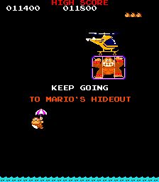 a screen from donkey kong jr featuring donkey kong jr chasing after a yellow helicopter that is carrying donkey kong sr in a cage. the text reads: KEEP GOING TO MARIO'S HIDEOUT
