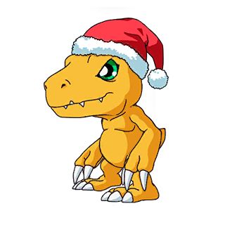 a picture of an agumon wearing a santa hat 