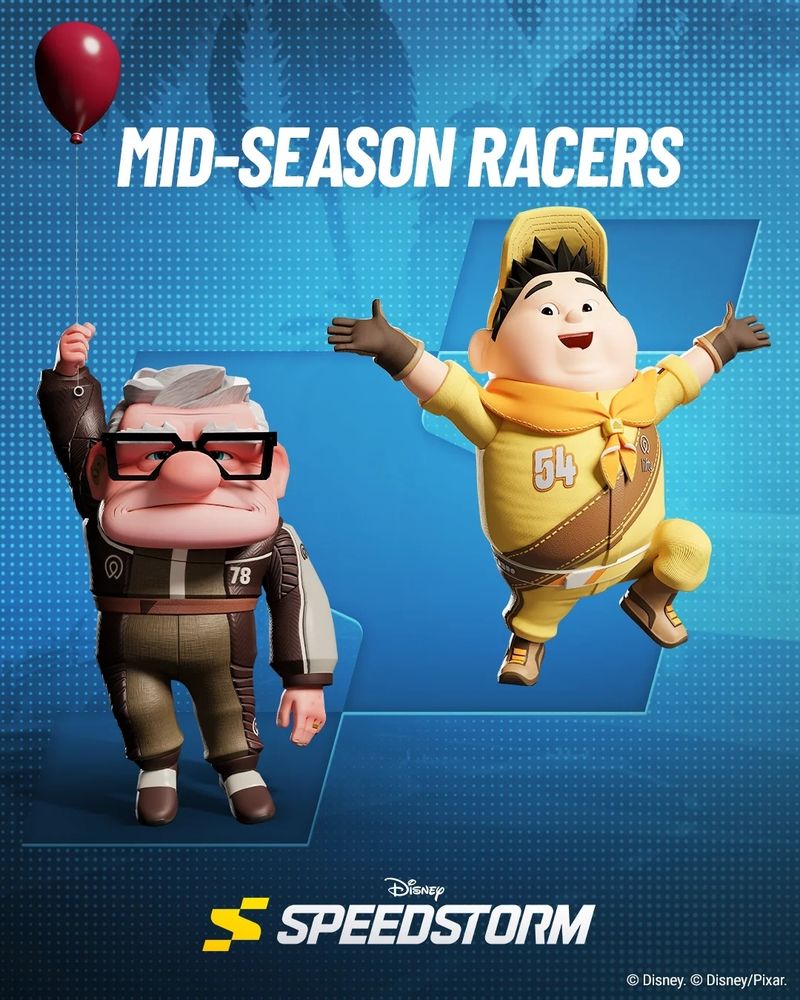 a picuture announcing the old man and the little boy from pixar's UP as the new racers for disney speedstorm