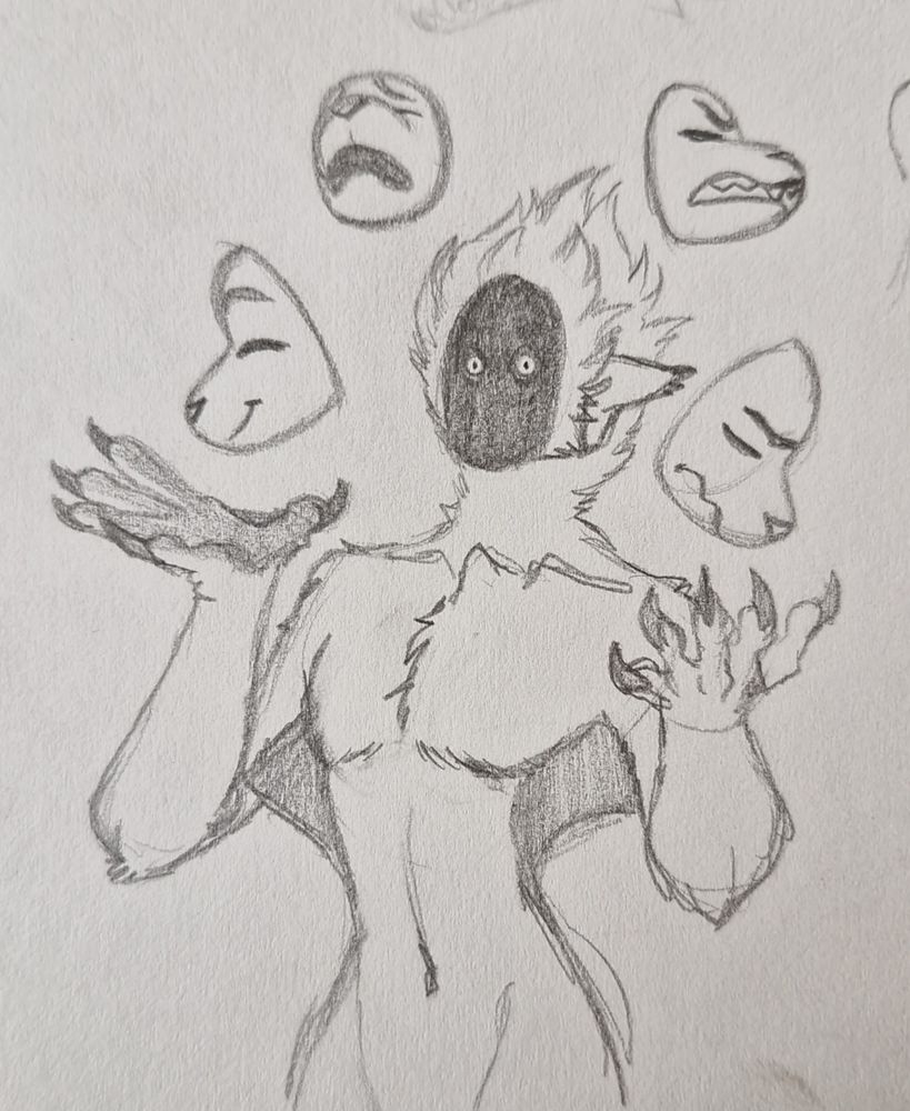 A sketch depiction of a trickster deity, a furry character with a void for a face, two small irises, and floating masks around his head.