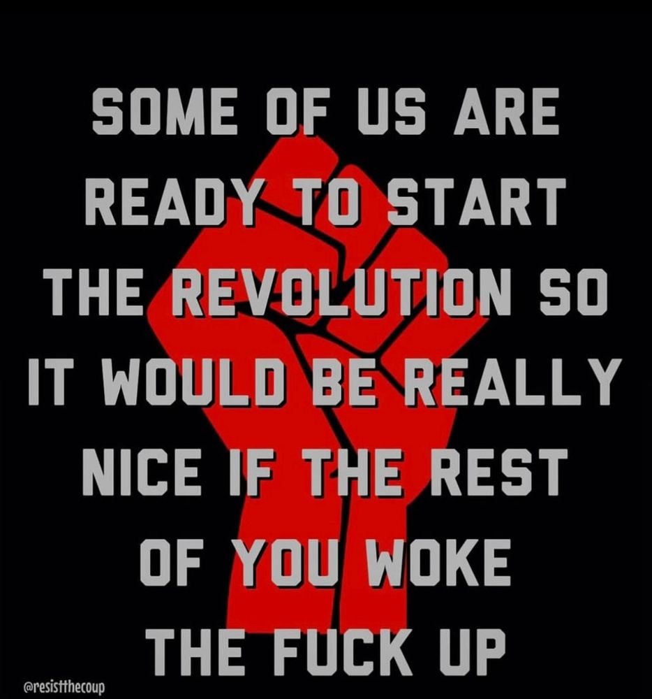 Red risen fist on black ground, light grey letters: 
Some of us are ready to start the Revolution so it would be really nice if the rest of you woke the fuck up
