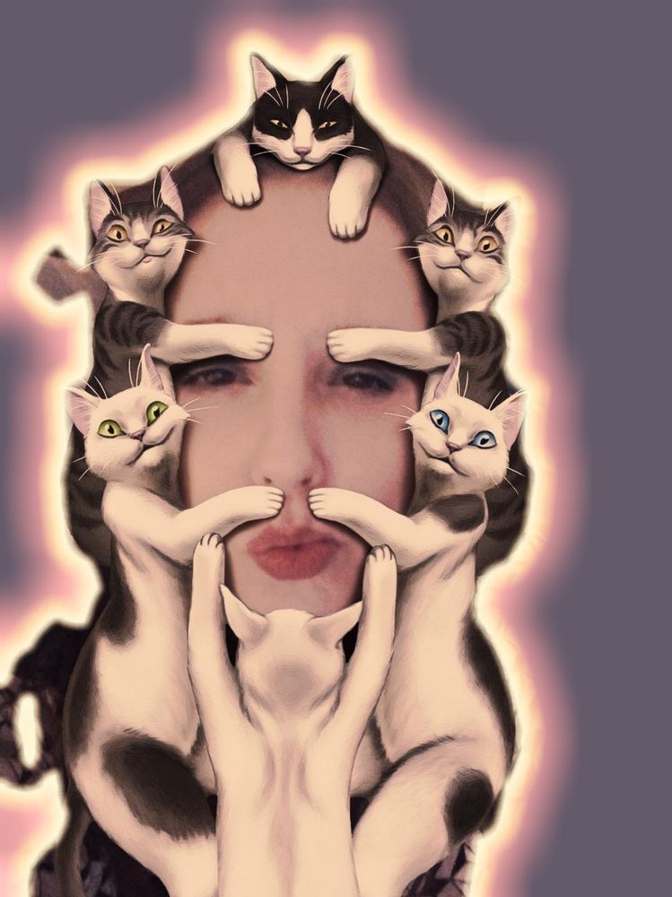 Mein Gesicht, umrahmt von sechs Comic-Katzen (weiß-getigert, schwarz-weiß, und eine weiße), die einen Bart bilden. Auch die Augenbrauen werden von weißen Pfoten bedeckt. Das ganze von einer Art Lichtkranz umrahmt, vor einem nach außen dunkler werdenden Hintergrund.