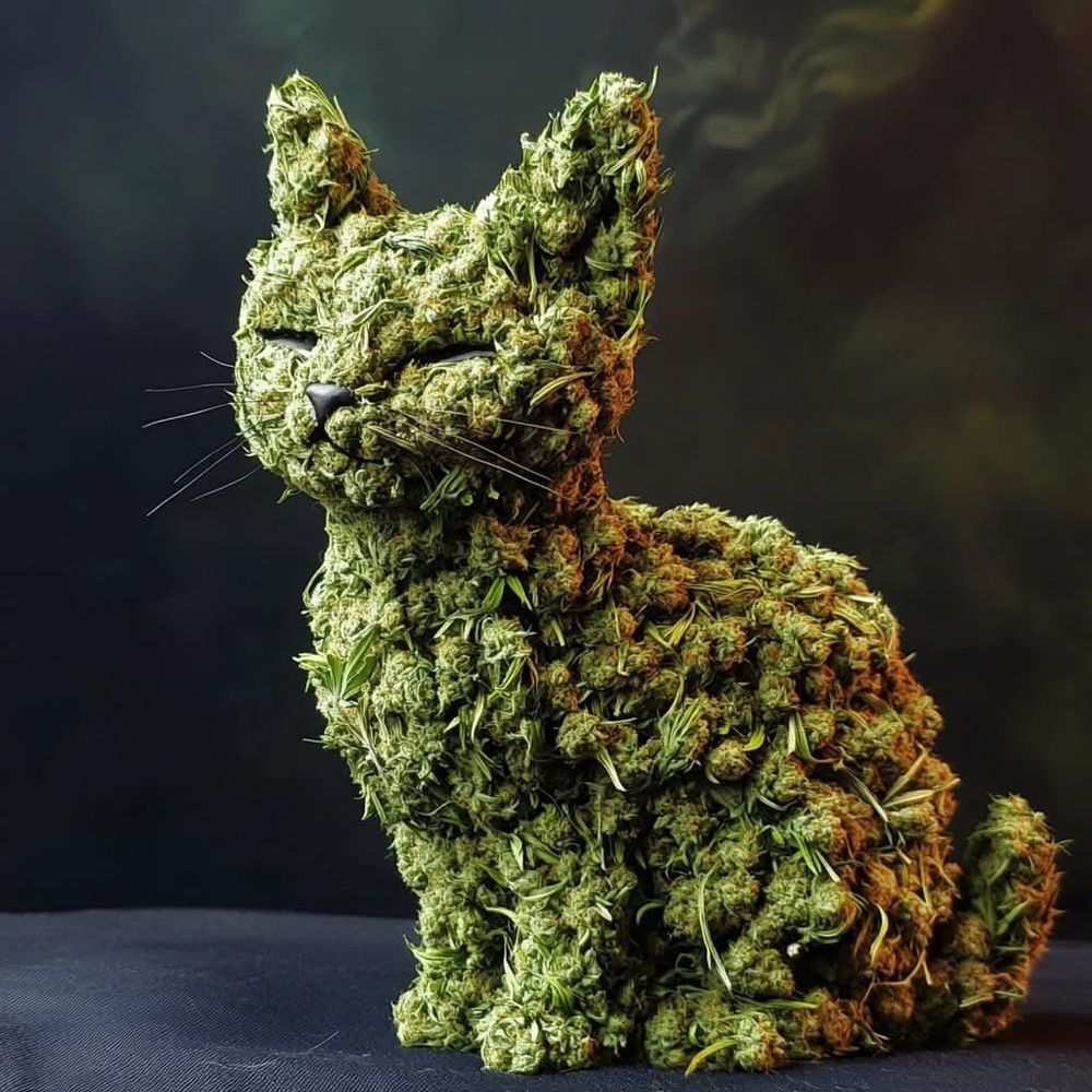 Eine Skulptur einer sitzenden Katze aus Cannabis Blüten vor dunklem Hintergrund 