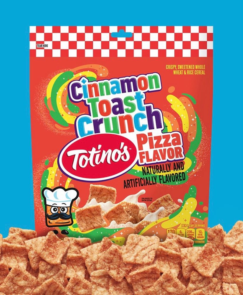 Photo of a box of Cinnamon Toast Crunch Totino’s Pizza Flavor cereal.