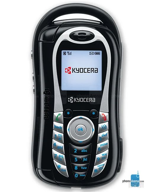Front photo of the kyocera strobe, a sleek black and silver small phone with a small color screen.