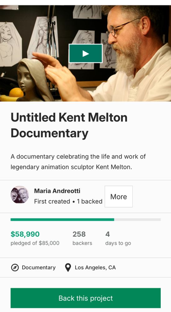 Kickstarter page screenshot for Untitled Kent Melton Documentary - still in need of funds.