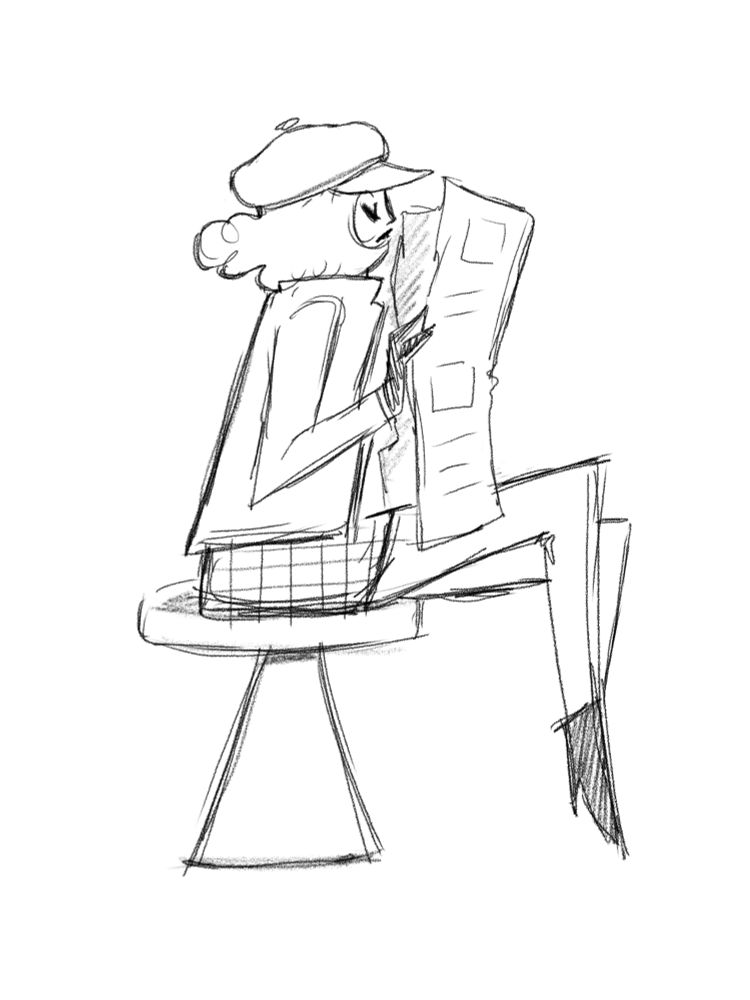 Sketchy drawing of 1960s mod-styled woman sitting and reading a newspaper.