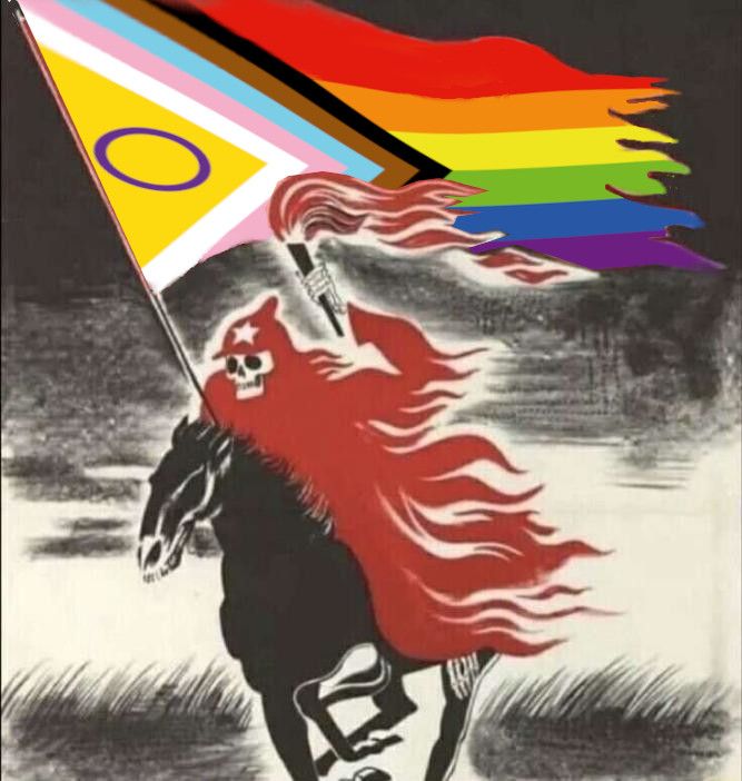 a skeletal phantom, riding on a black horse, in a red cap (russian revolution soft cap with star) and flowing robes, holding a torch and the progress pride flag