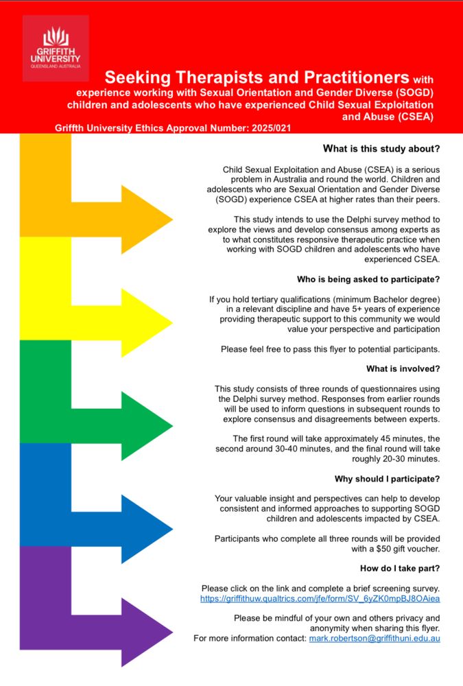 A recruitment flyer for a Delphi Study into responsive therapeutic approaches for working with SOGD children and adolescents who have experienced CSEA.