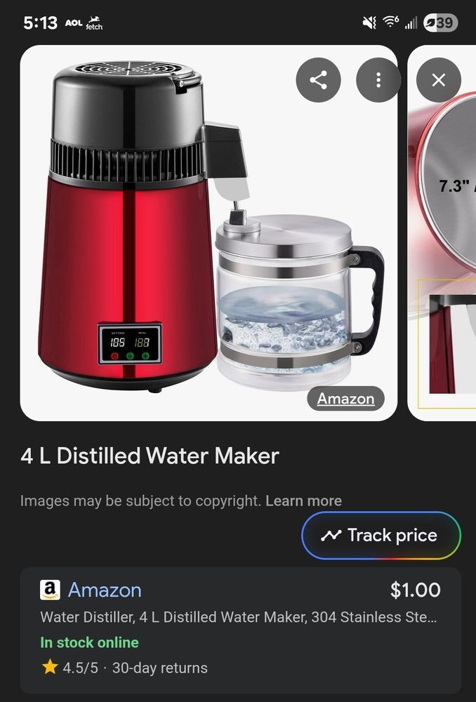 Screenshot of a Google search result for a countertop water distiller, listed for $1.00 
