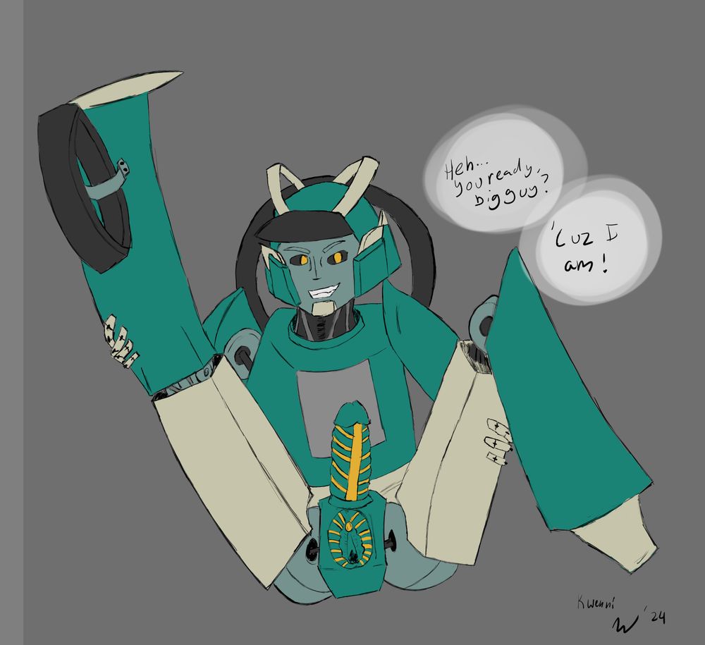 Trace, a transformers OC and teal and cream colored bike-bot, laying down with his legs spread, showing his erect spike and open valve. He's saying "Heh...you ready, big guy? 'Cuz I am!" with a cocky smirk on his face. 