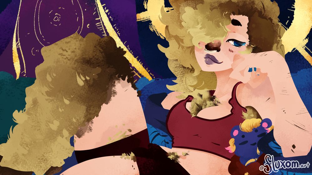 A satyr-esque woman named Stardust is lounging in a sports bra and bike shorts. She's furred from the knee-down, and has extra pit fluff and chest fluff. One eye is covered by her luxurious hair, and she's staring smugly at the camera.