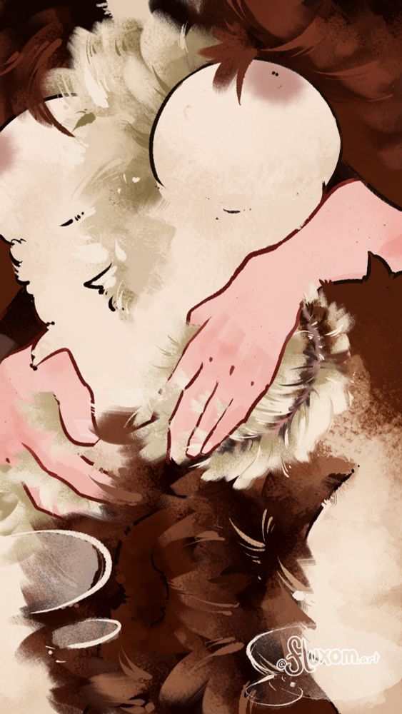 Bernese Mountain Dog girl who is only visible from the neck down to the groin in frame. Hands are rubbing her tummy and bush and there are musk clouds around her junk area.