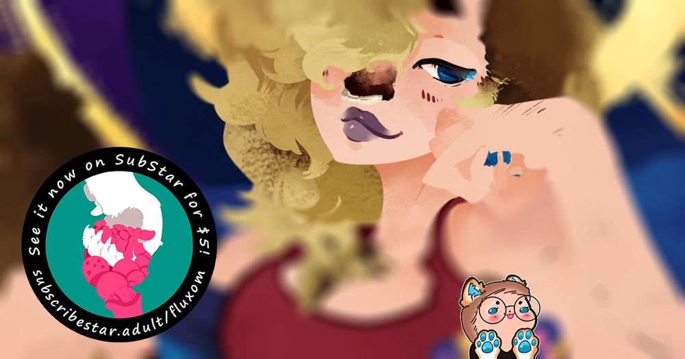 A blurred and cropped art piece of a faun girl, with extra censoring via a tiny Lo tiger on the side covering the blurred armpit fluff. $5+ subscribers can see the full version on https://subscribestar.adult/fluxom