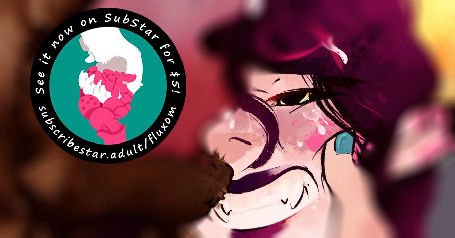 A blurred and cropped version of a piece that's up on subscribestar.adult/fluxom for $5+ members! It features a fae woman, Morgan, grimacing as something is pressed against faer face.