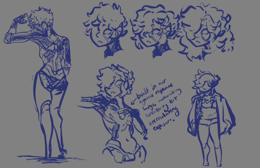 Concept sketches of a Girl Frame-inspired Casualty character, Été. The text pointing to the bottom middle piece reads, "Built in air cylers replace lungs, automatically breathing but necessitating exposure."c