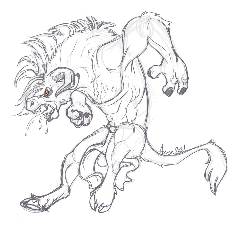 Sketch of a very angry minotaur with red eyes and spittle flying from his mouth. 