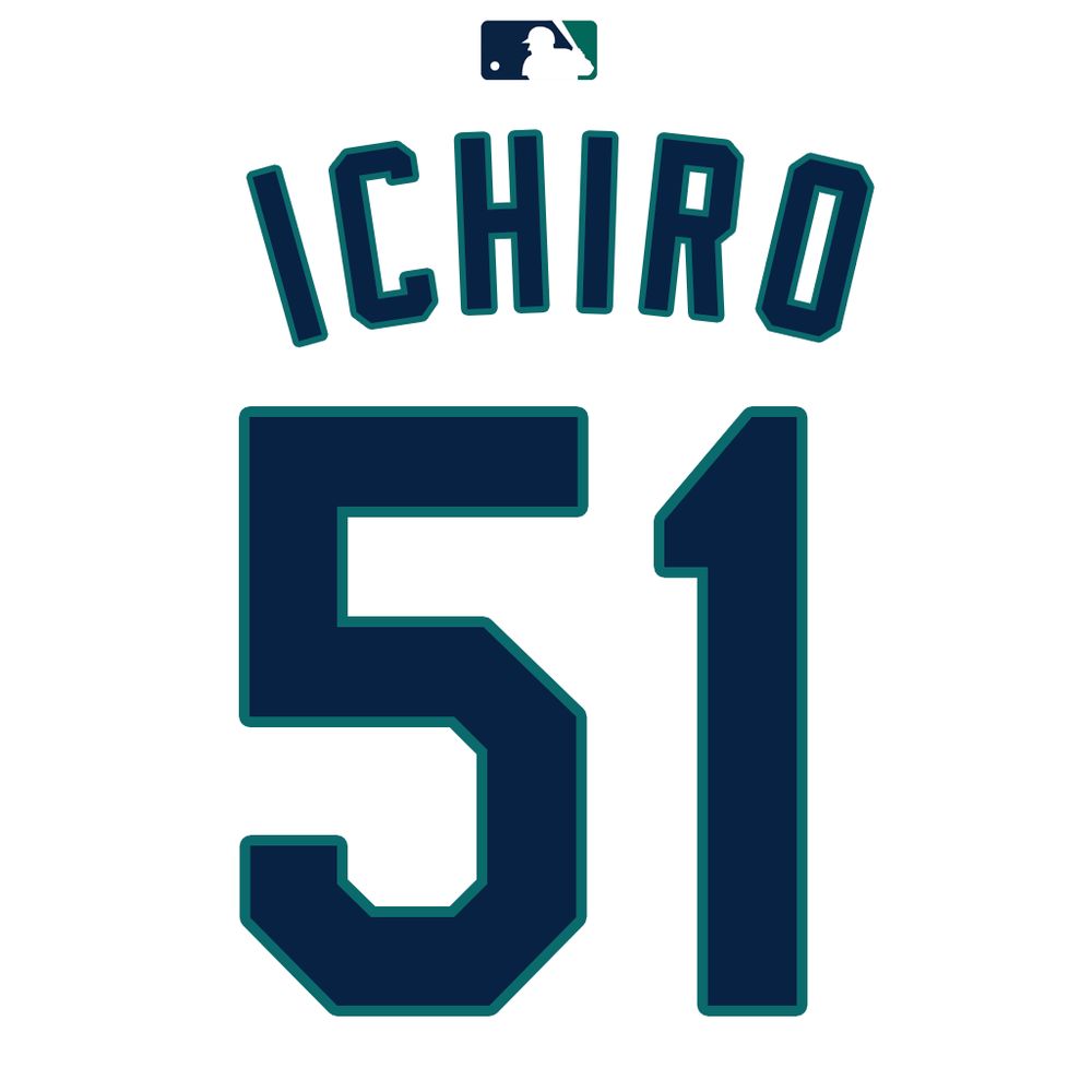 A white 2001 Seattle Mariners home jersey, name "ICHIRO", number 51.