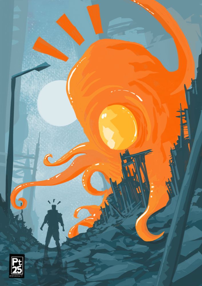 A large orange octopus thing is surprised to meet a humanoid (equally surprised) in a ruined street  