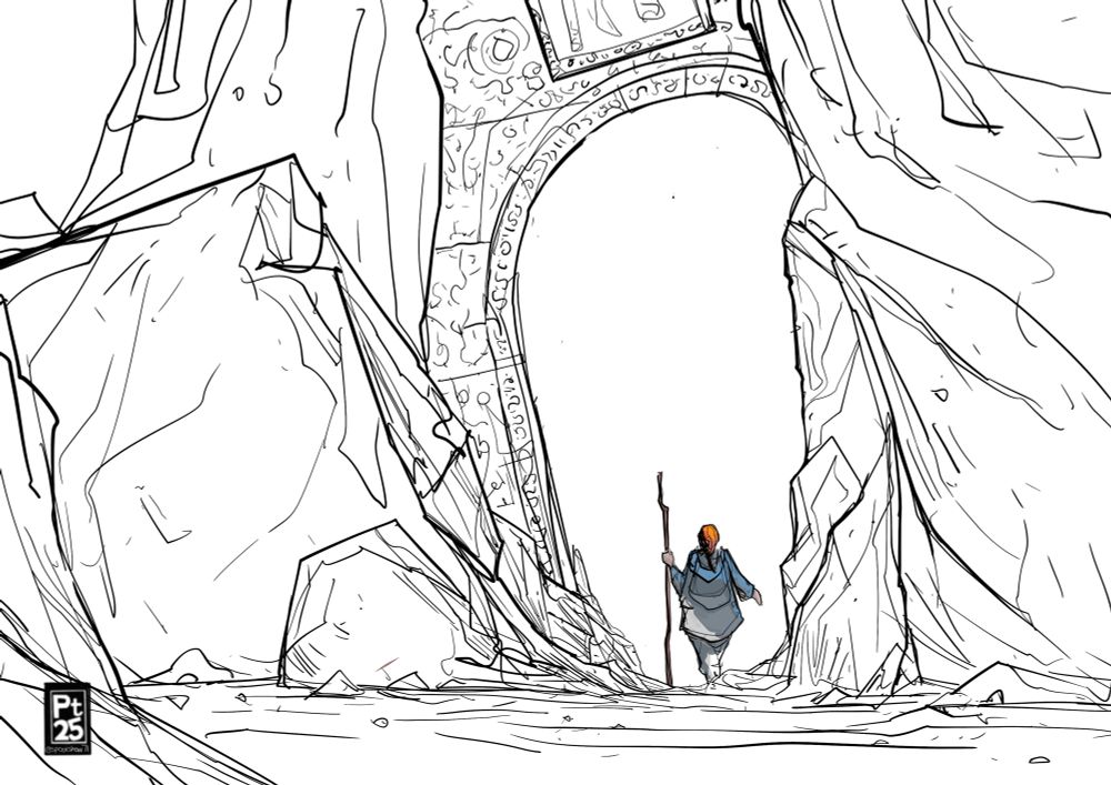 A figure explores a buried archway 