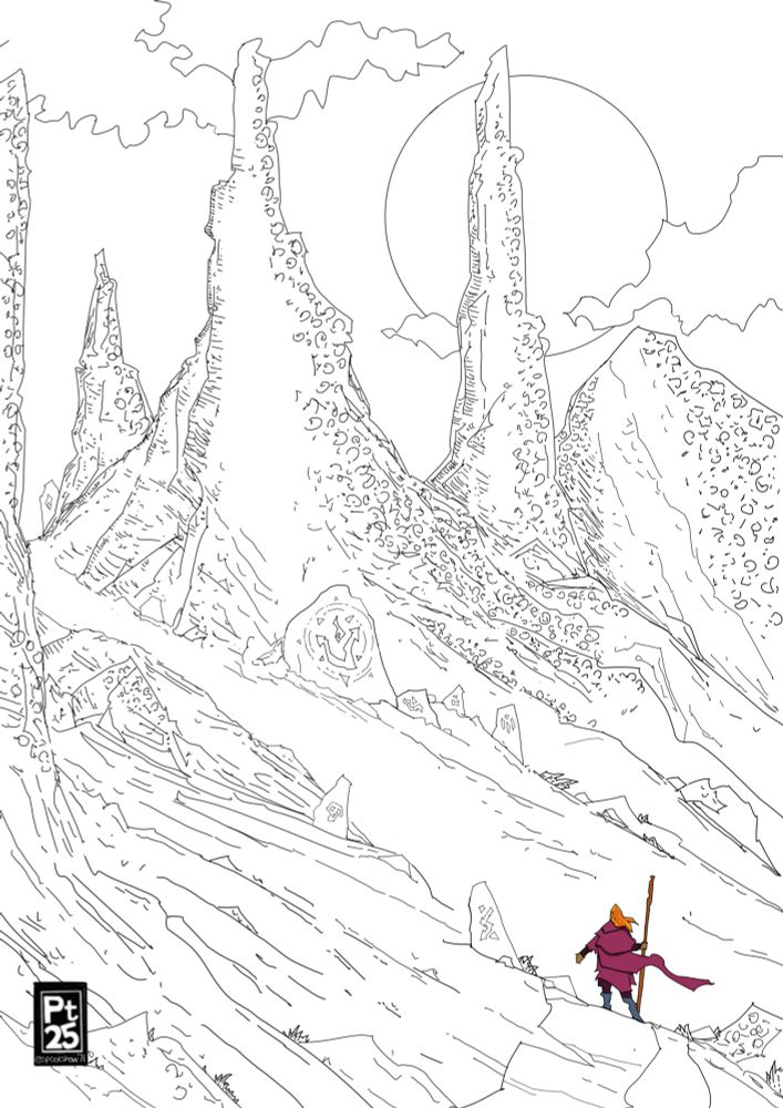 A robed figure stands at the base of a path that curves away and up away from their position. Terrain is rocky and dangerous. Along the path, various stones are carved with cryptic sigils. 