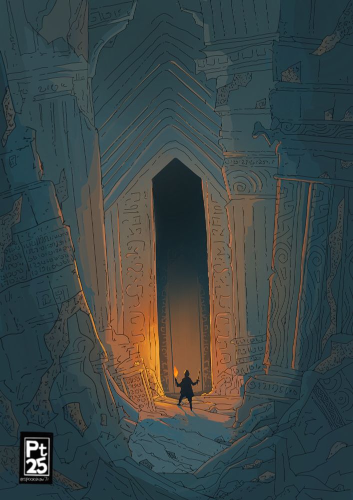 A torchbearing figure stands in a ruined rocky hallway before a mysterious archway