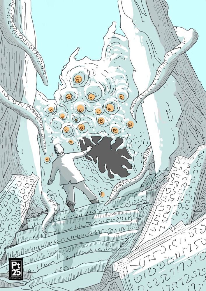 A fairly scribbly drawing of a figure stumbling back in horror before a multi-tentacled shambling monstrosity 