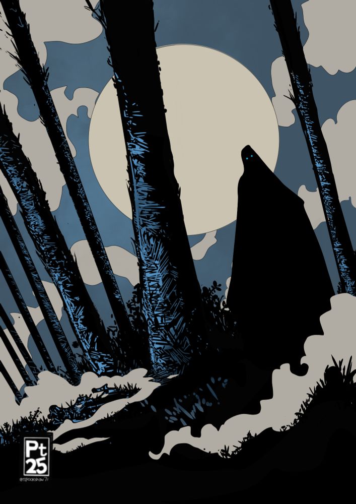 A shrouded figure between midnight trees, beneath a looming moon.