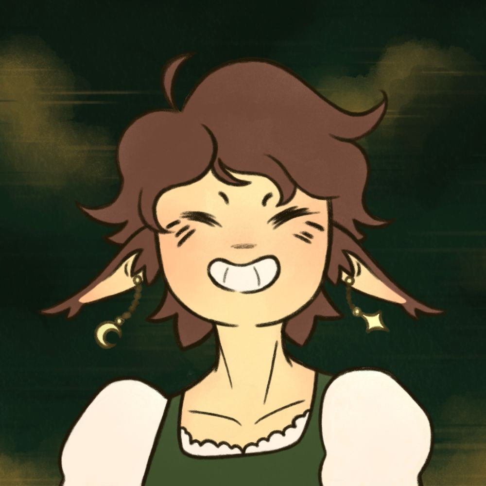 A girl with a mischievous smile who has long fluffy elf ears and night sky inspired ear rings.