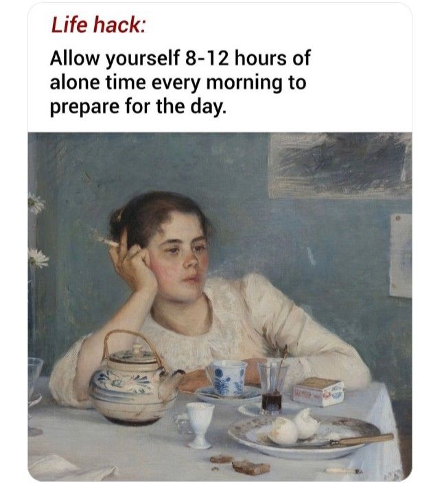 Woman in reflective pose at breakfast with cigarette. 