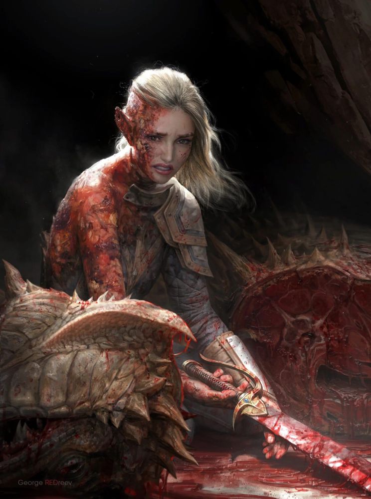 An elf, extremely battered and bloody looks on with horror(?), regret(?), or maybe exhaustion at the ruin of a dragon they’ve beheaded with the sword hanging loosely in their grip.