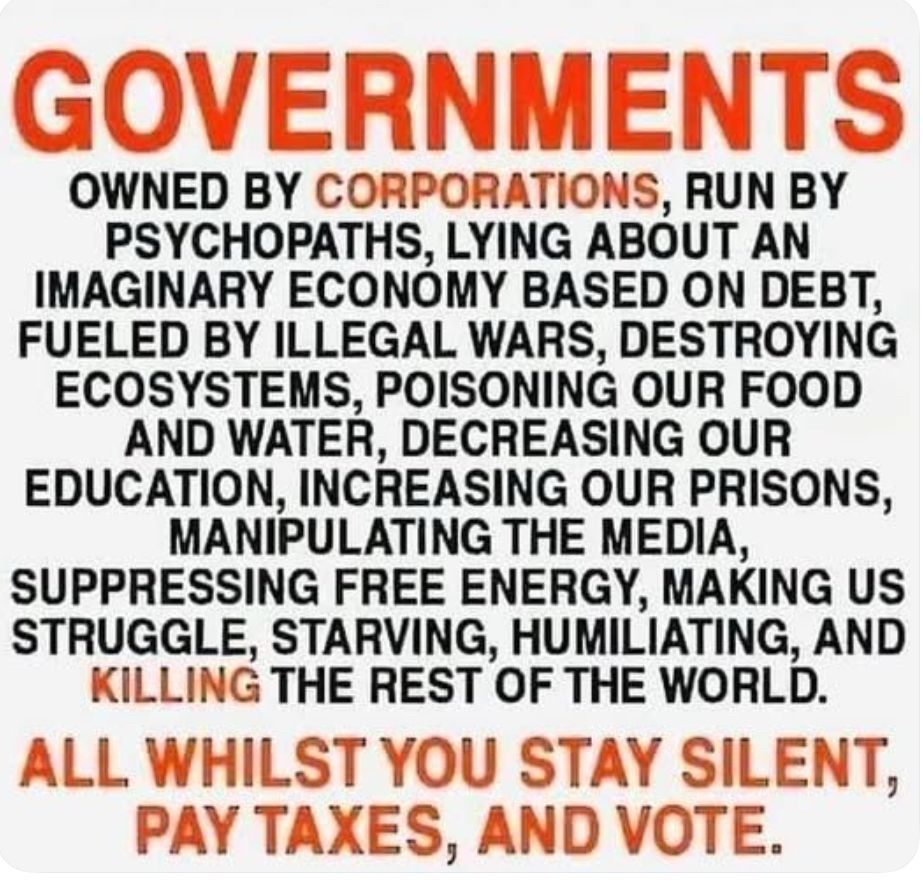 A screenshot of an image with black and red text on a white background. 
The text says:
‘Governments, owned by corporations, run by psychopaths, lying about an imaginary economy based on debt, fuelled by illegal wars, destroying ecosystems, poisoning our food and water, decreasing our education, increasing our prisons, manipulating the media, suppressing free energy, making us struggle, starving, humiliating, and killing the res of the world. All whilst you stay silent, pay taxes and vote.’ 
