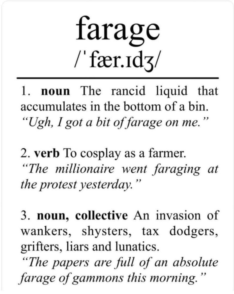 A screenshot of black text on a white background. It’s set up to like like a word explanation from a dictionary. The word is: Farage Then the possible explanation text is: 1. Noun the rancid liquid that accumulates in the bottom of the bin. “Ugh, I got a bit of Farage on me” 2. Verb To cosplay as a farmer. “The millionaire went faraging at the protest yesterday.” 3. Noun, collective An invasion of wankers, shysters, tax dodgers, grifters, liars and lunatics. “The papers are full of an absolute Farage of gammons this morning.”