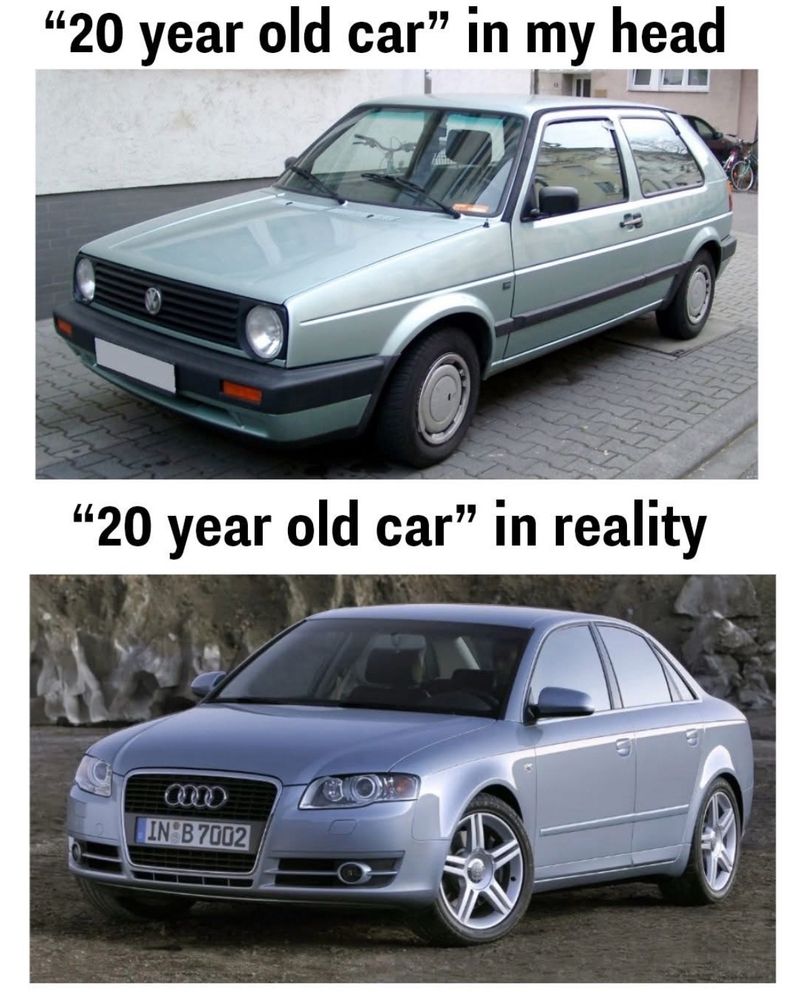 A screenshot in two halves. Top and bottom. 
The top half is a photo of an old VW car, I think it’s a 1st generation golf  approx age 80s/90s although most likely wrong about that.  Text above this car in black on white back ground says. 
“20 year old car” in my head 
The bottom half shows a photo of a 20 year old silver Audi. The black text on white background just above the image says: 
“20year old car.” In reality. 