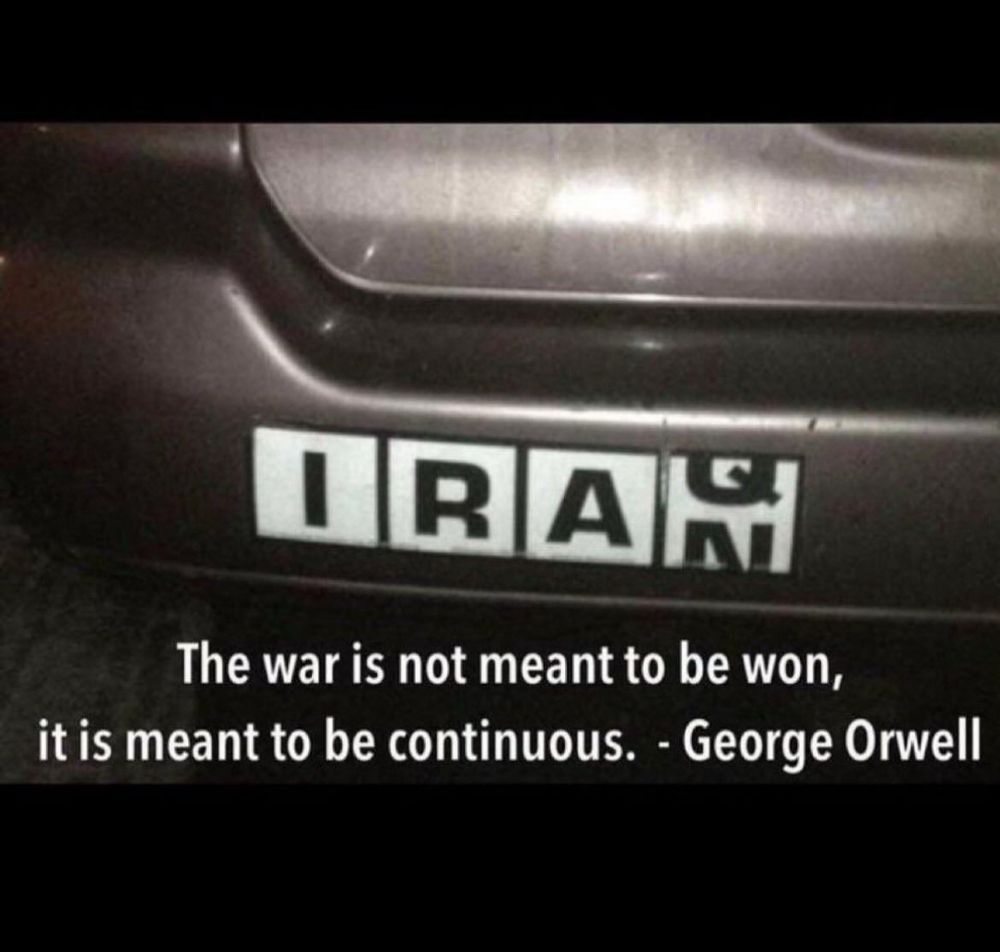 I screen shot of a picture that shows an alphabet counter with four squares side by side and a letter in each square. The letters in each box are I R A. Box four the last box, shows the counter changing from the letter Q to the letter N. Text across the bottom shows a quote:
‘The was is not meant to be won, it is meant to be continuous.’ - George Orwell 