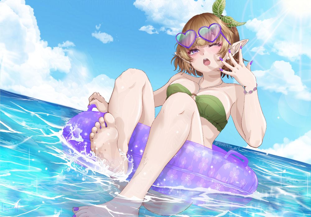 An elf girl in a green bikini gets surprised while floating in water.