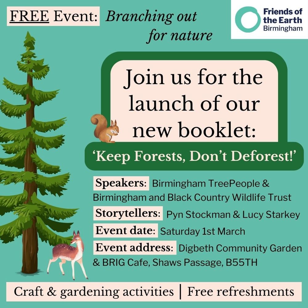 Mint green background with images of a tree, deer, and squirrel. Post is promoting our 'Branching Out for Nature' event.