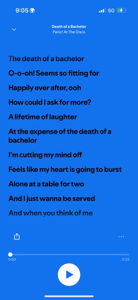 Death of a Bachelor lyrics:
The death of a bachelor
O-o-oh! Seems so fitting for Happily ever after, ooh
How could l ask for more?
A lifetime of laughter
At the expense of the death of a bachelor
I'm cutting my mind off
Feels like my heart is going to burst
Alone at a table for two
And I just wanna be served And when you think of me